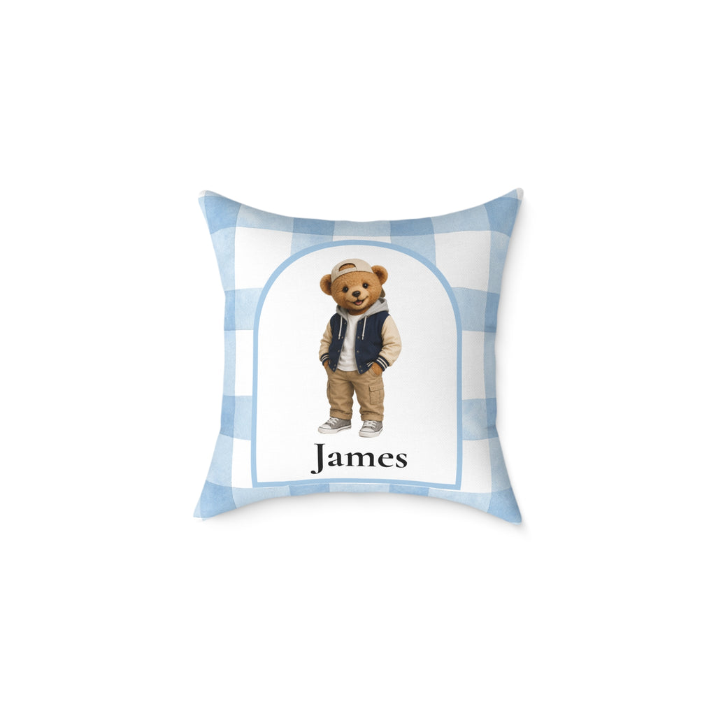 Teddy bear boy personalized pillow — blue gingham design with custom name gift for baby boy
