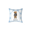 Teddy bear boy personalized pillow — blue gingham design with custom name gift for baby boy