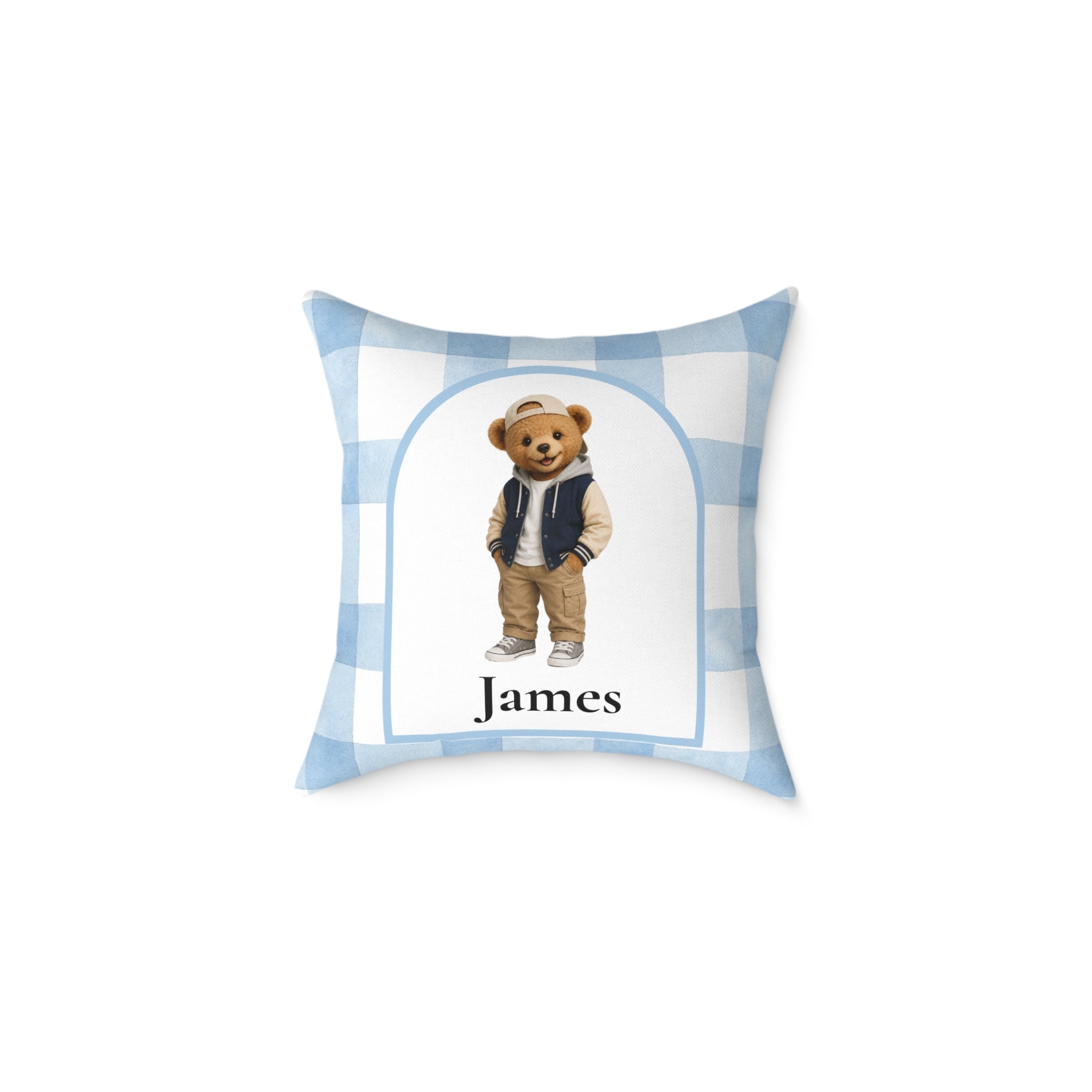 Teddy bear boy personalized pillow — blue gingham design with custom name gift for baby boy