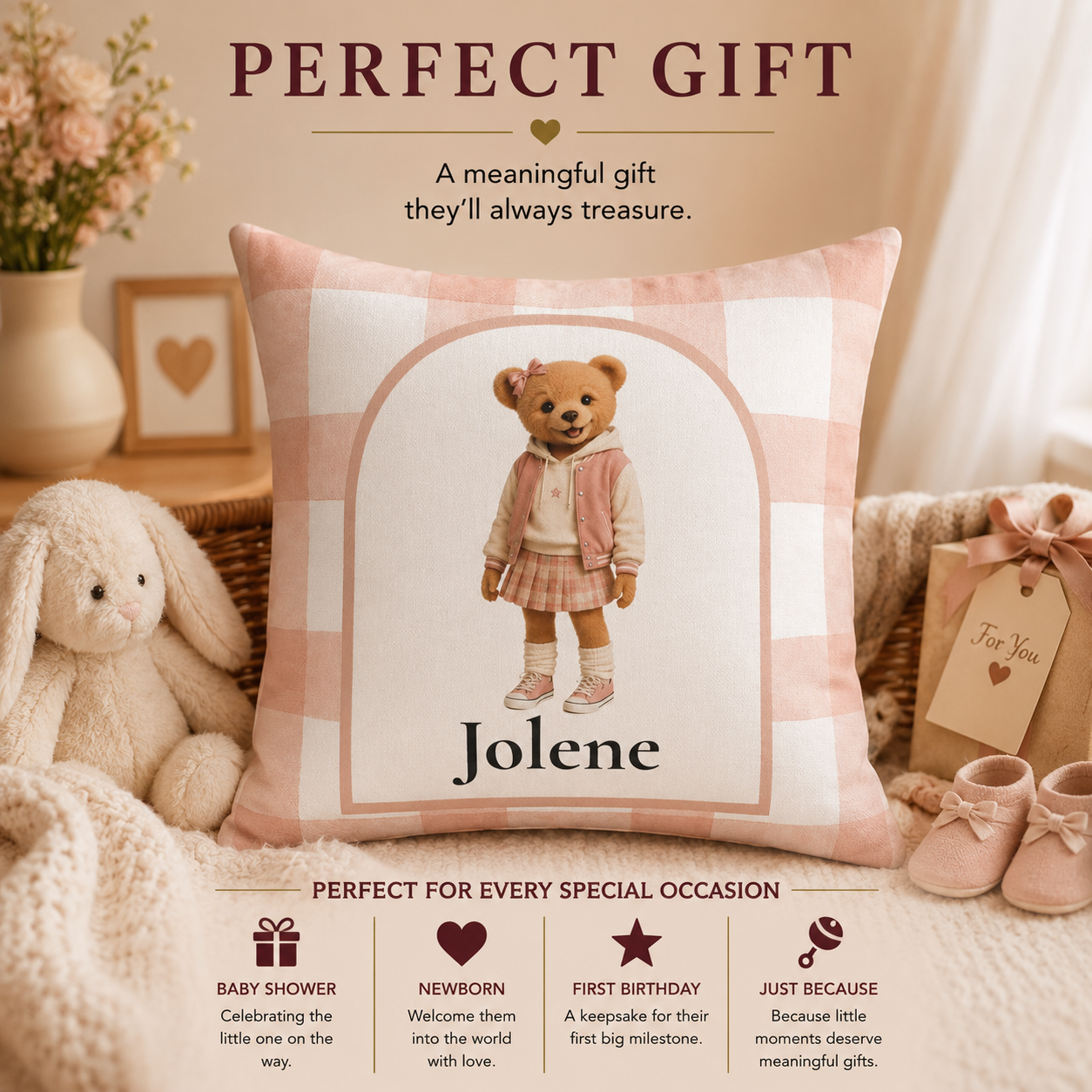 Teddy bear girl pillow lifestyle — personalized custom name gift for baby girl in nursery