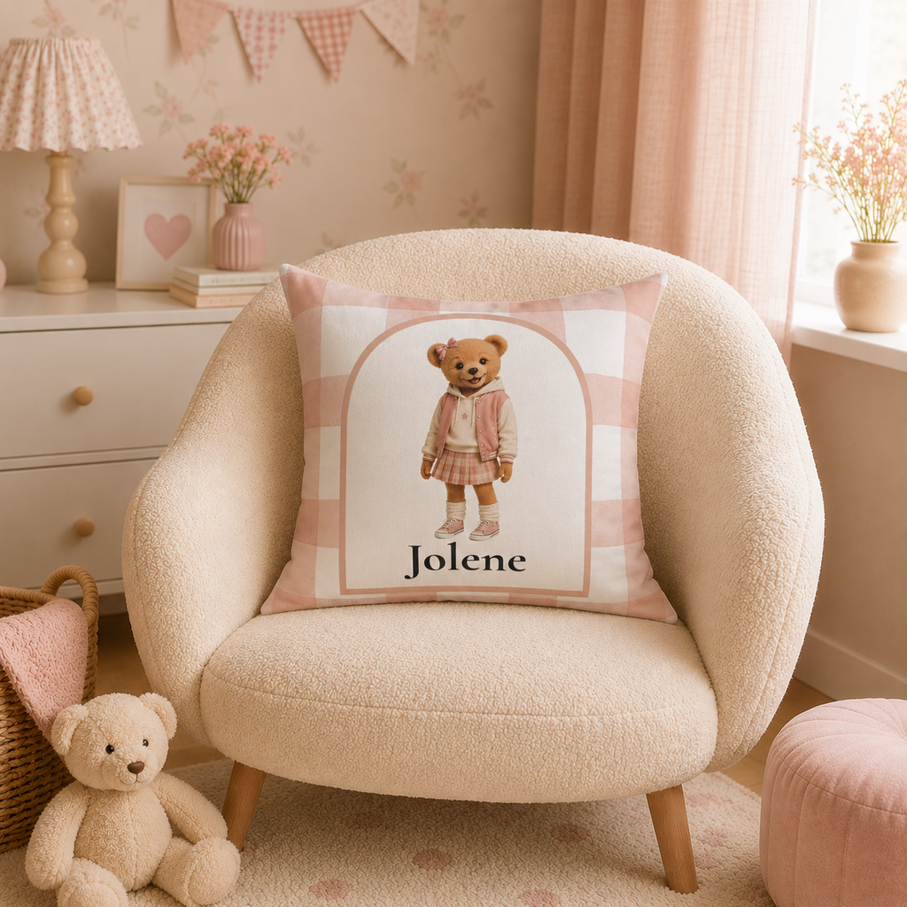 Personalized name detail on teddy bear girl pillow — pink arch frame design