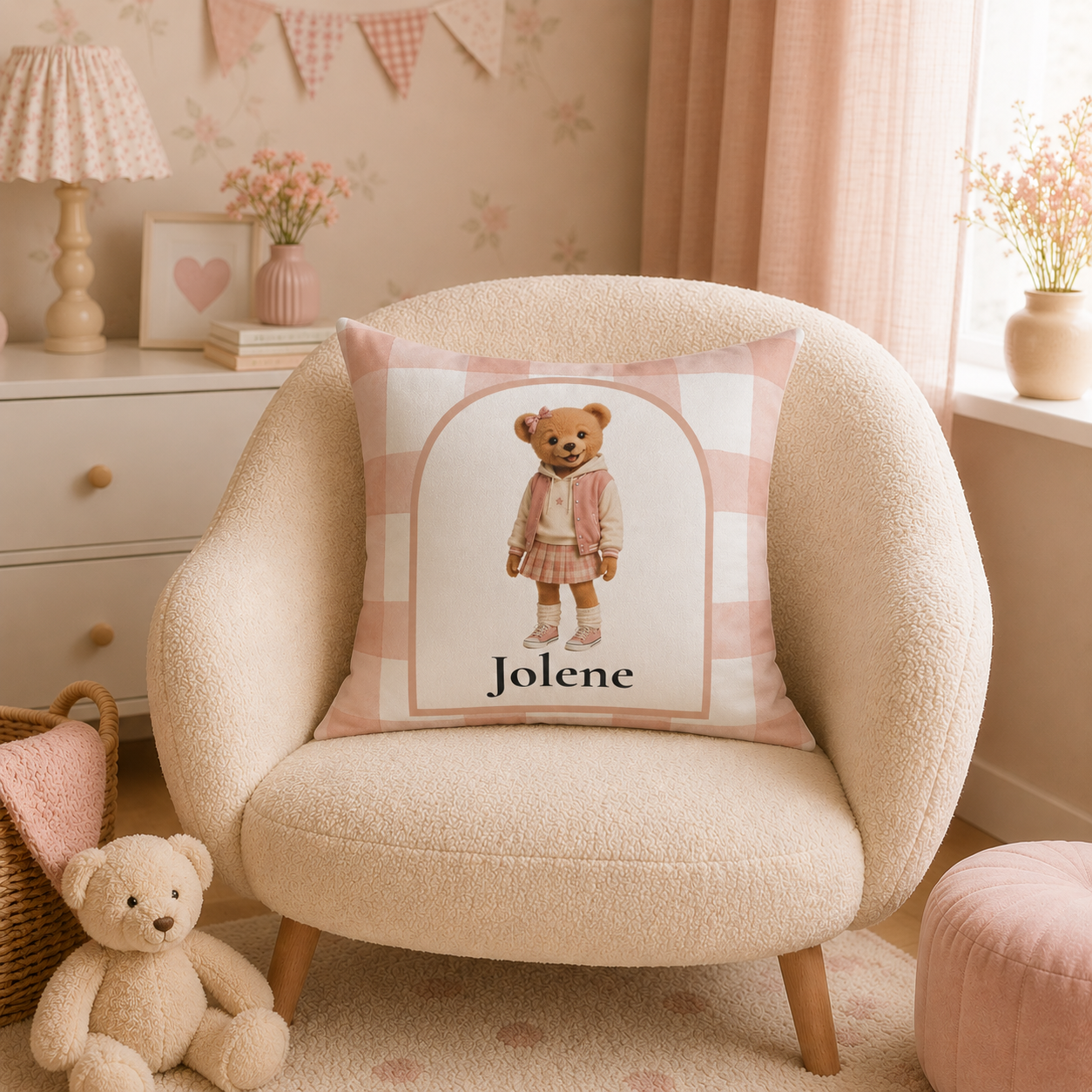 Personalized name detail on teddy bear girl pillow — pink arch frame design