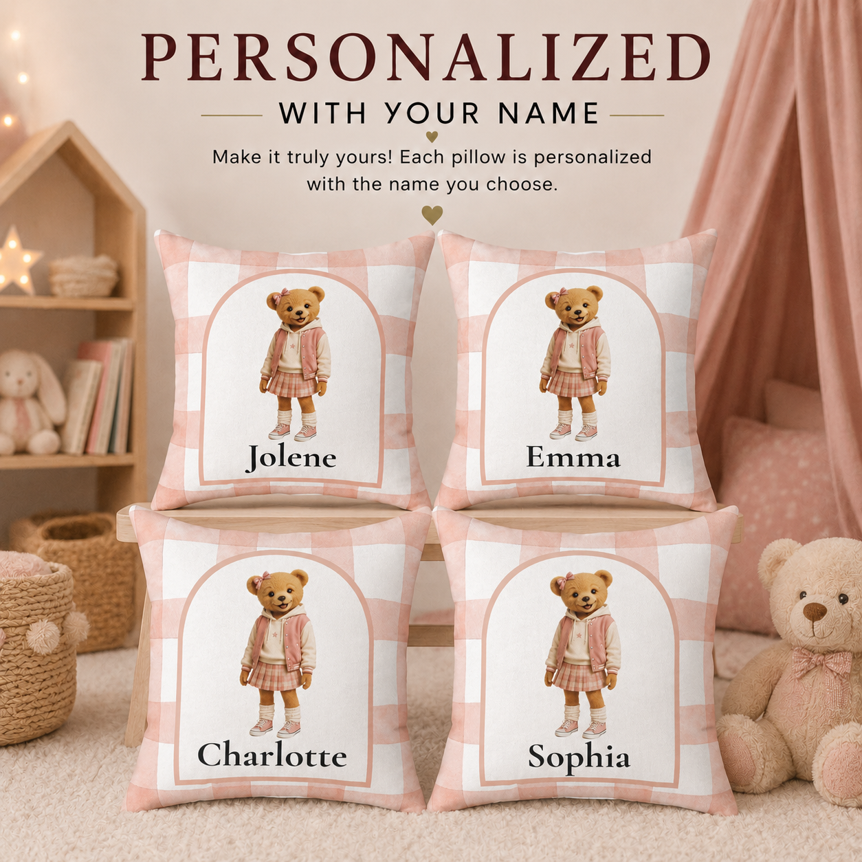 Perfect gift infographic — teddy bear girl personalized pillow custom name