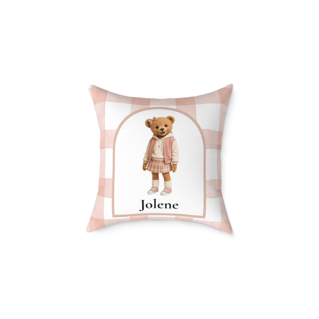Teddy bear girl personalized pillow — pink gingham design with custom name gift for baby girl