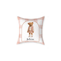 Teddy bear girl personalized pillow — pink gingham design with custom name gift for baby girl