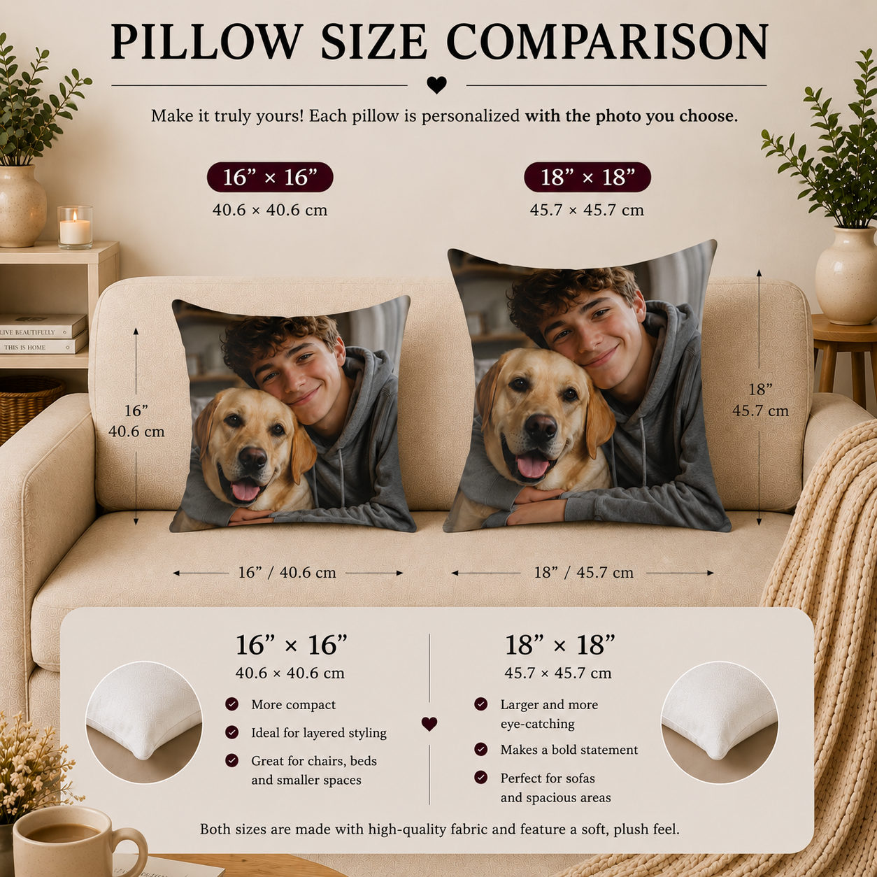 Teen and dog photo pillow lifestyle — custom picture gift for teens on couch