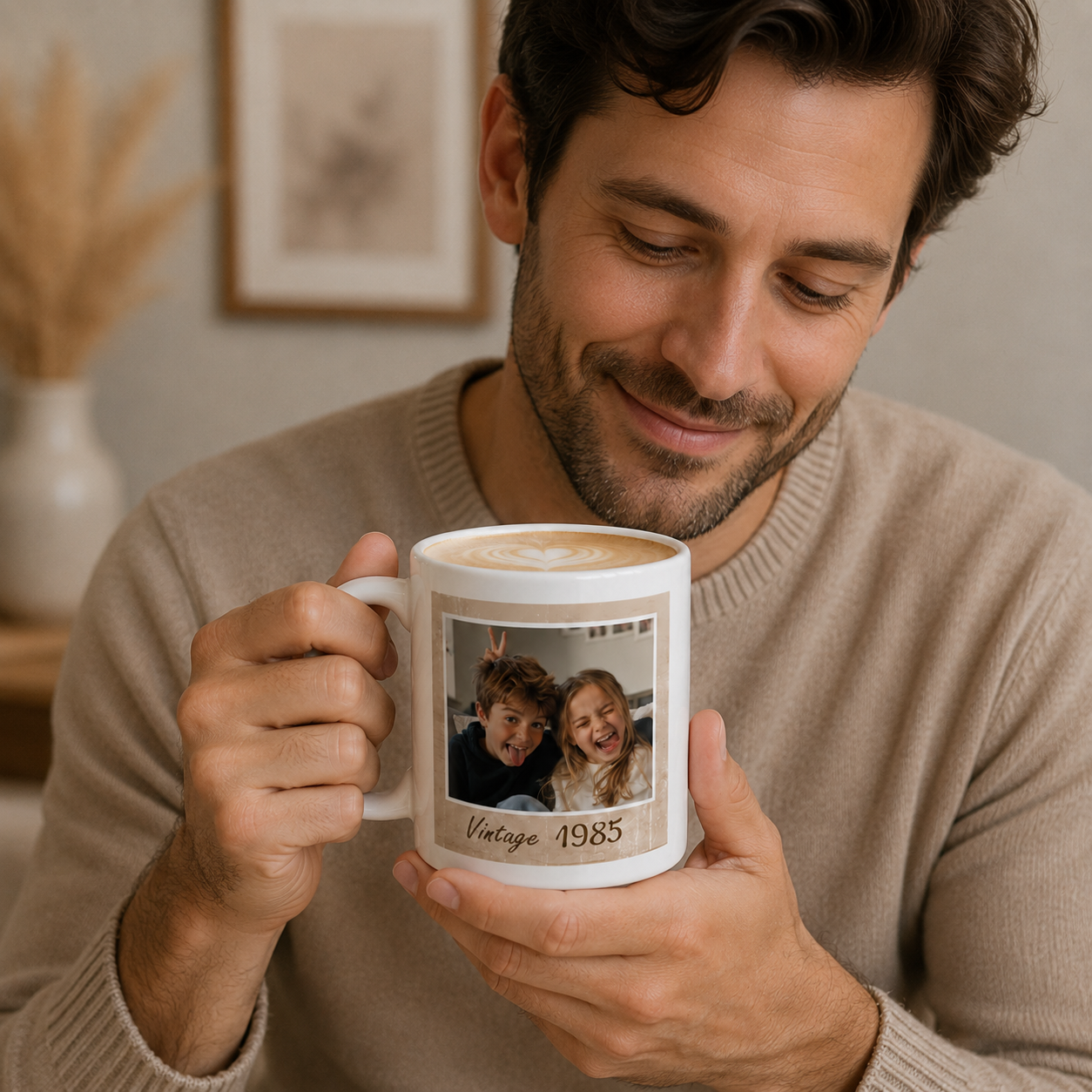 Vintage photo mug dad lifestyle — man holding custom picture year mug