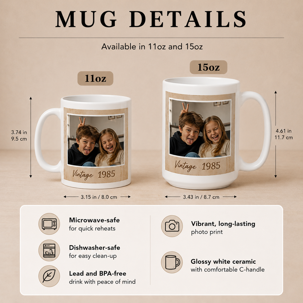 Vintage photo mug mom details — 11oz and 15oz sizes microwave dishwasher safe